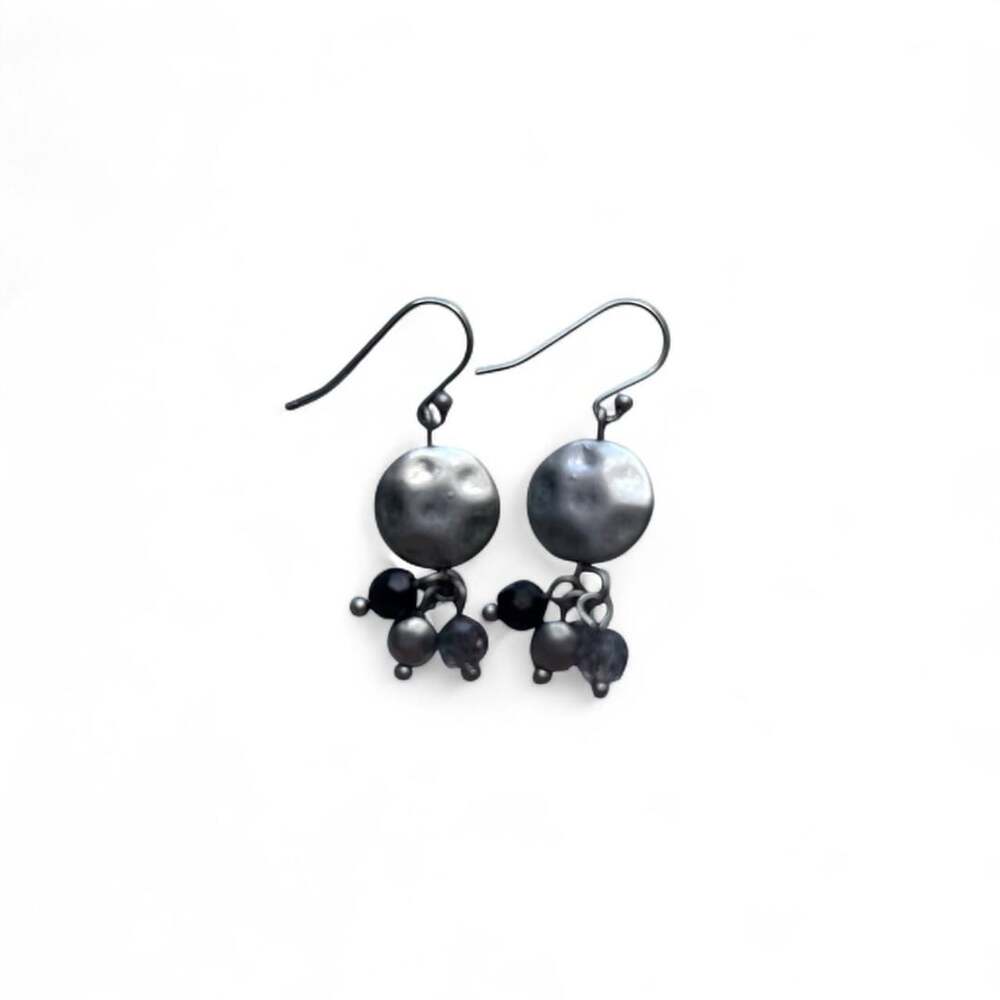 Artisan Boho Hammered Silver Dangle Earrings with Beaded Charms